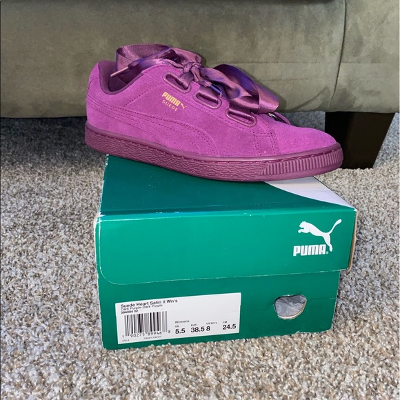Suede Heart Satin Pumas, Dark Purple, Size: 8 (Women’s) - Picture 1 of 2